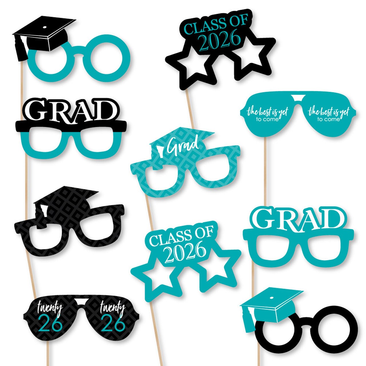 Big Dot of Happiness 2026 Teal Graduation Glasses - Paper Card Stock Party Photo Booth Props Kit - 10 Count